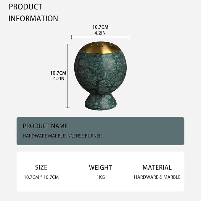 Natural Marble Incense Burner - 4.2” Multi-Purpose Holder with Brass Accents, for Cones/Coils/Sticks, Home Decor & Relaxation (Green)