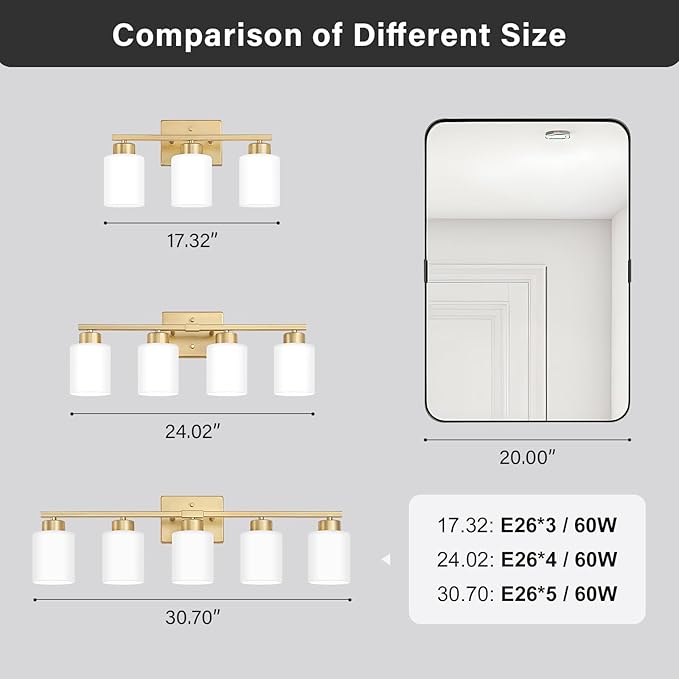 FonmYim Gold Bathroom Light Fixtures, 3-Light Modern Vanity Light Over Mirror, Wall Sconces with Milky White Frosted Glass Shades, E26 Socket (Bulbs Not Included)