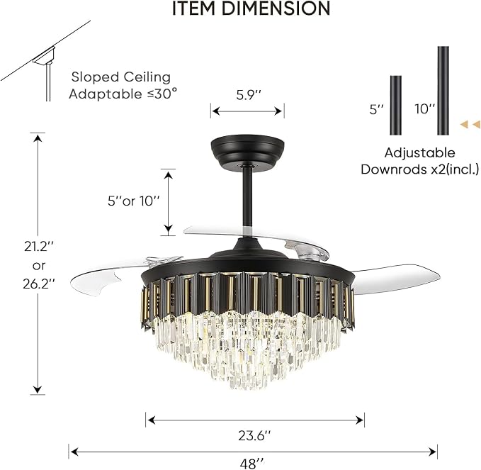 48 Inch Fandelier Ceiling Fan with Light, Chandelier Ceiling Fan for Bedroom Living Room, LED Dimmable, 6-Speed Reversible Motor, Timer & Memory Function-Black