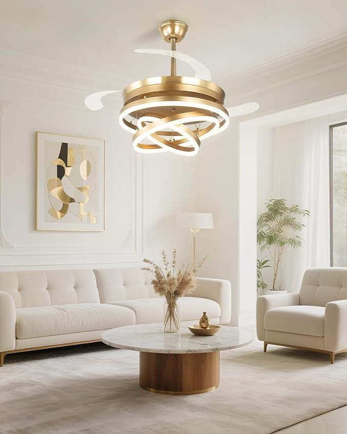 42 Inch Retractable Ceiling Fan with Lights, Gold Fandelier Chandelier Fan with Remote, 6-Speed Silent DC Motor, 3000K-6500K Dimmable LED Light, Modern Ceiling Fan for Bedroom Living Room Dining Room
