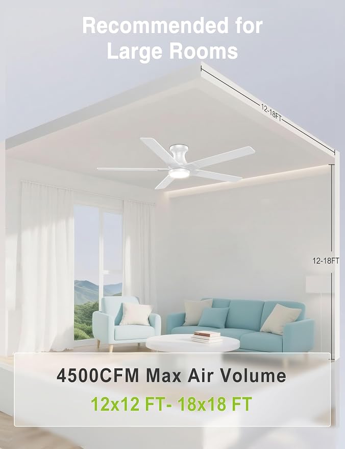 DAMINY 52 inch White Ceiling Fans with Lights,5 Blades,3CCT, Low Profile,Remote Control,for Bedroom, Kitchen,Living Room,Indoor/Outdoor Use,Flush Mount