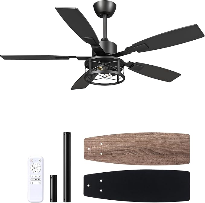 EDISHINE 52" Farmhouse Ceiling Fans with Lights and Remote, 10%-100% Dimmable, 6 Speeds, 5 Wood Blades, Reversible DC Motor, Timer, Quiet, Rustic Caged Fandelier Ceiling Fan for Bedroom Living Room