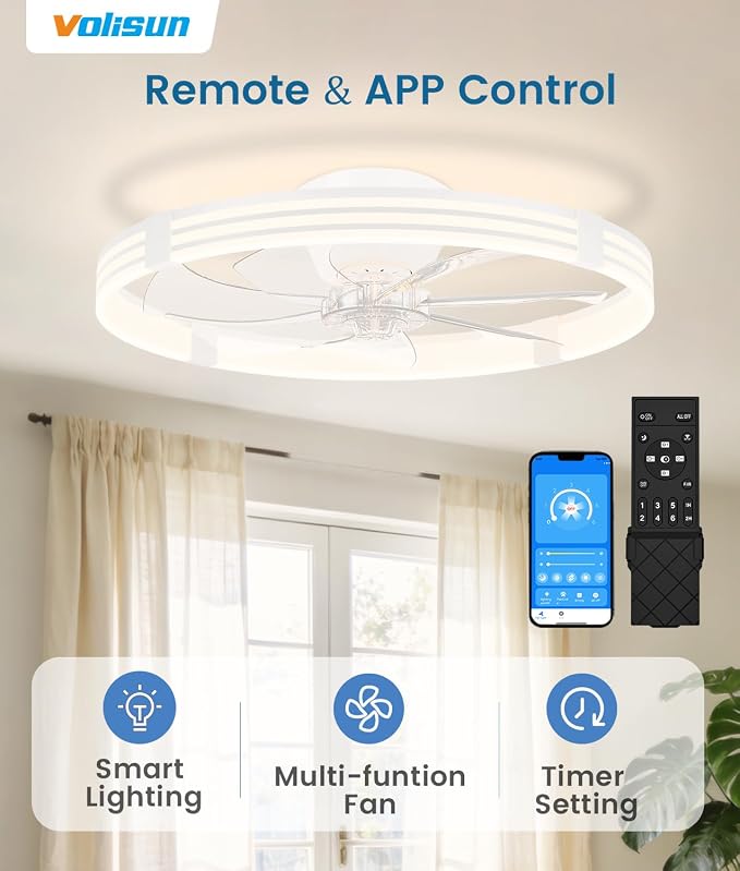 VOLISUN Low Profile Ceiling Fans with Lights and Remote, 24in Flush Mount Ceiling Fan with Light, 3000K-6500K Dimmable Fandelier LED Fan Light, White Bladeless Ceiling Fans with Lights for Bedroom