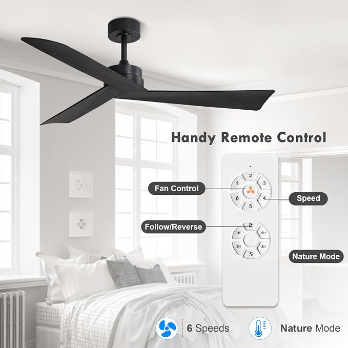 WINGBO 52" DC Ceiling Fan without Lights, Matte Black Ceiling Fan with Remote, 3 ABS Plastic Blades, 6 Speed Reversible DC Motor, Ceiling Fans No Light for Kitchen Bedroom Living Room