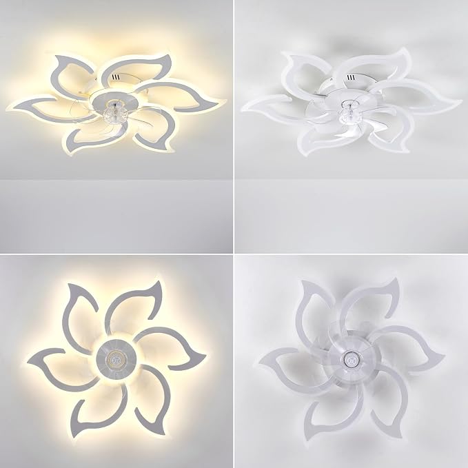35" White Flower Ceiling Fan with Light Remote Control, 3 Light Color 6 Speeds Flush Mount Low Profile Ceiling Fan for Bedroom Kitchen