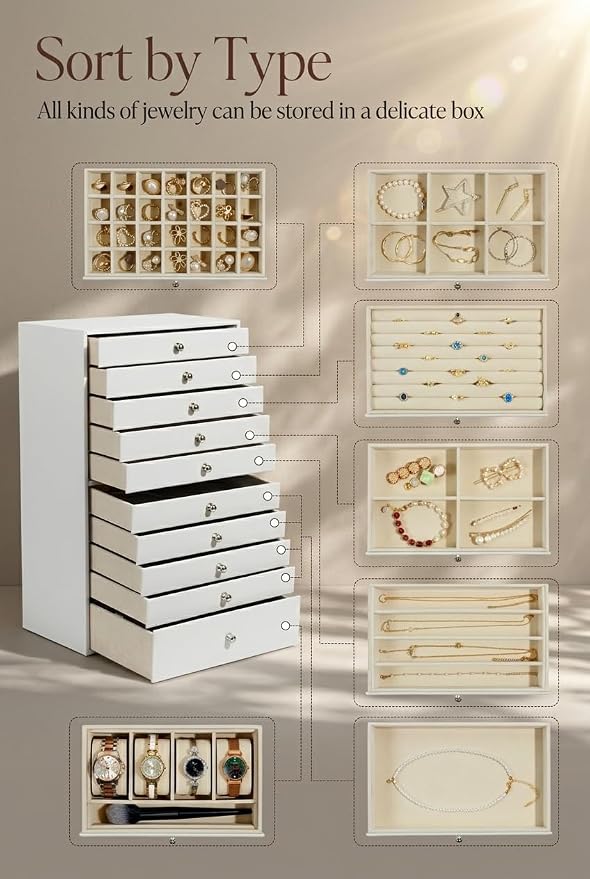 GUKA Large Jewelry Box, Jewelry Case with 10 Drawers for Big and Small Jewelry, Jewelry Storage Organizer for Watch Earrings Necklace Rings Bracelets, Birthday Wedding Gifts, White