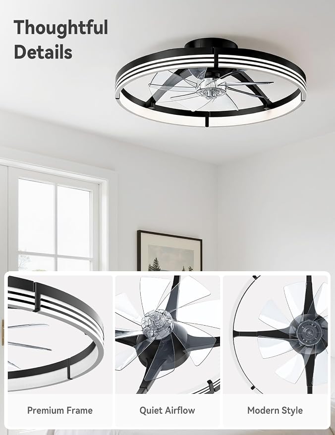 AKOFUN 24" Ceiling Fans with Lights and Remote, Low Profile Flush Mount Ceiling Fan with Light, 3000-6500K Dimmable LED Fan Light, Modern Bladeless Fandelier Ceiling Fans for Bedroom, Black Stripes