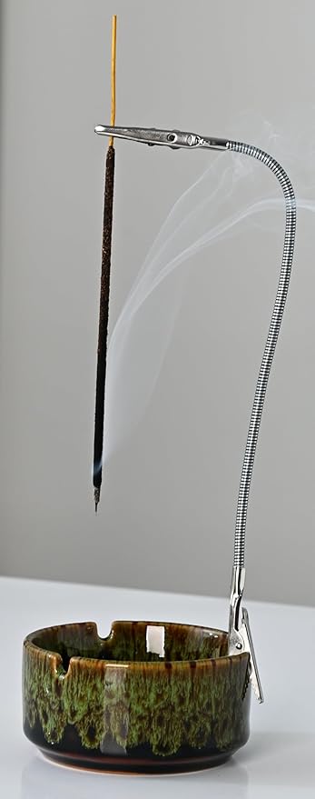 Modern Incense Holder with Flexible Metal Stand, Silver Ash Collector Base, Minimalist Design for Home Meditation and Aromatherapy. (Green + Clip)