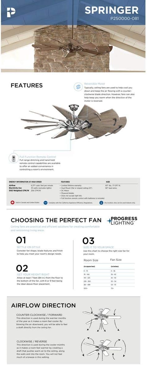 Progress Lighting Springer Collection DC Motor Farmhouse Windmill Ceiling Fan, Antique Nickel, 12-Blade (60" W x 17-3/8" H) P250000-081