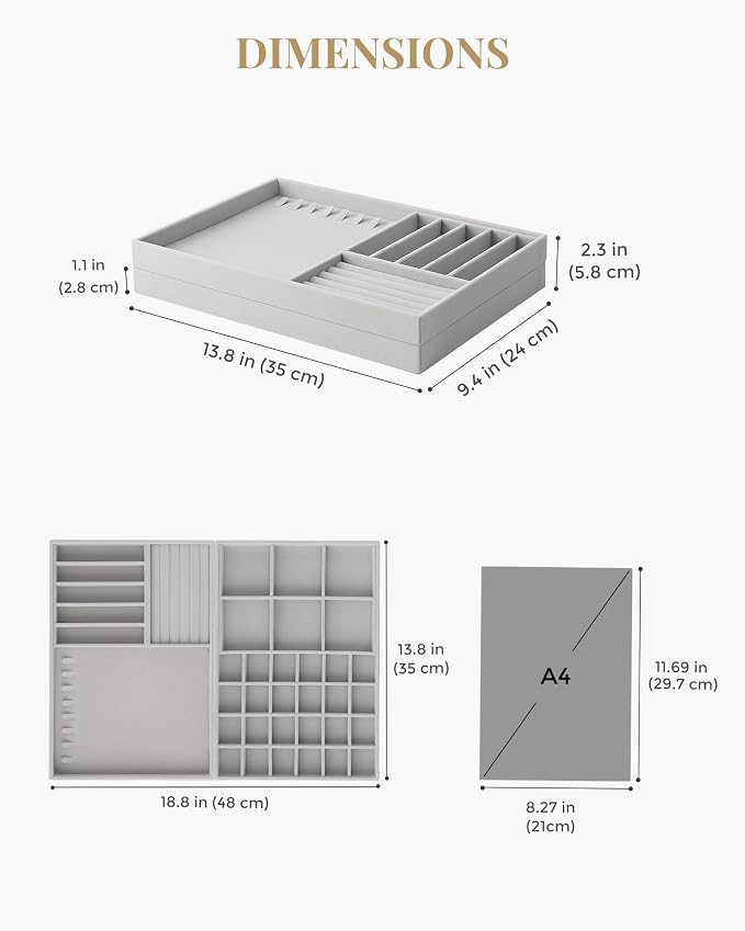 Lolalet Jewelry Drawer Organizer Inserts, Stackable Velvet Tray Jewelry Storage Organizers Set Display Cases for Necklaces Bracelets Earrings Rings Chains Bangles Watches, Grey, Set of 2