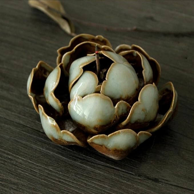 Collectible Handmade Chinese Ceramics, Medium Peony Ceramic Incense Stick Holder, Handicraft Flower Lotus Incense Burner Bowl Ash Catcher Inscent Tray for Home Decor and Gift, 2.55 Inch, Green