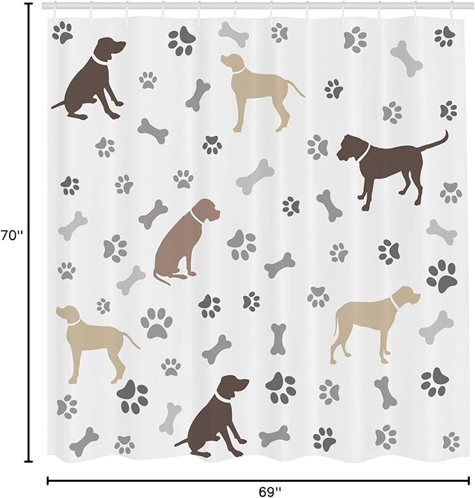 Ambesonne Dog Lover Shower Curtain, Paw Print Bones and Dog Silhouettes American Foxhound Breed Playful Pattern, Cloth Fabric Bathroom Decor Set with Hooks, 69" W x 70" L, Umber Beige Grey