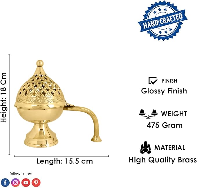 SATVIK 1 Pc Pure Brass Antique Incense Holder Large Dhuni Burner with Long Brass Handle Handheld Puja Dhuna Agarbatti Dhoop Pot Dhuni Stand Indian Diwali Festive Housewarming Return Gift Items Bulk