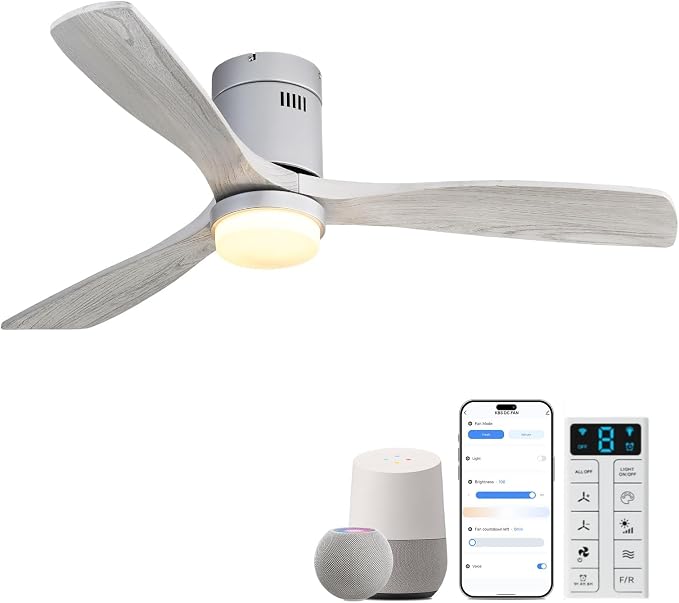 Sofucor 52 Inch Smart Ceiling Fans with Lights-Flush Mount Low Profile Modern Outdoor Solid Wood Ceiling Fans with Alexa/Google Assistant/APP/Remote Control for Bedroom/Farmhouse/Patio, Silver Grey
