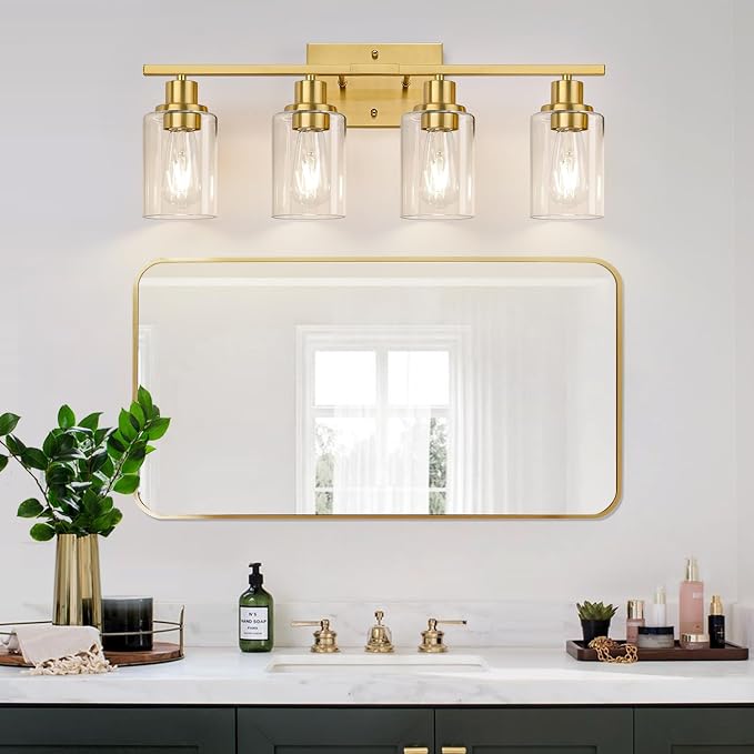 Indoi 4-Light Bathroom Light Fixtures, Brushed Gold Modern Vanity Lights with Clear Glass Shades, Bathroom Wall Lamp for Mirror Living Room Cabinet Bedroom Porch