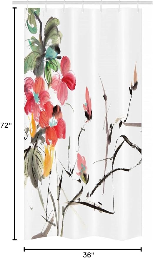 Ambesonne Japanese Stall Shower Curtain, Popular Early Period Watercolors Print with Vivid Floral Motifs Art Picture, Fabric Bathroom Decor Set with Hooks, 36" W x 72" L, Coral Green