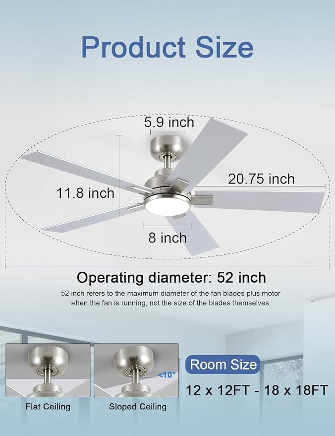 Modern Ceiling Fans with Lights - 52 inch Brushed Nickel Ceiling Fan with Light and Remote, Reversible DC Motor, 6-Speed Quiet 3CCT for Bedroom, Indoor, Patios, ETL Listed