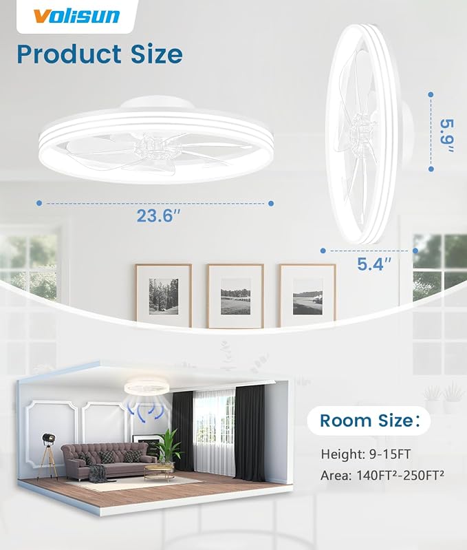 VOLISUN Low Profile Ceiling Fans with Lights and Remote, 24in Flush Mount Ceiling Fan with Light, 3000K-6500K Dimmable Fandelier LED Fan Light, White Bladeless Ceiling Fans with Lights for Bedroom