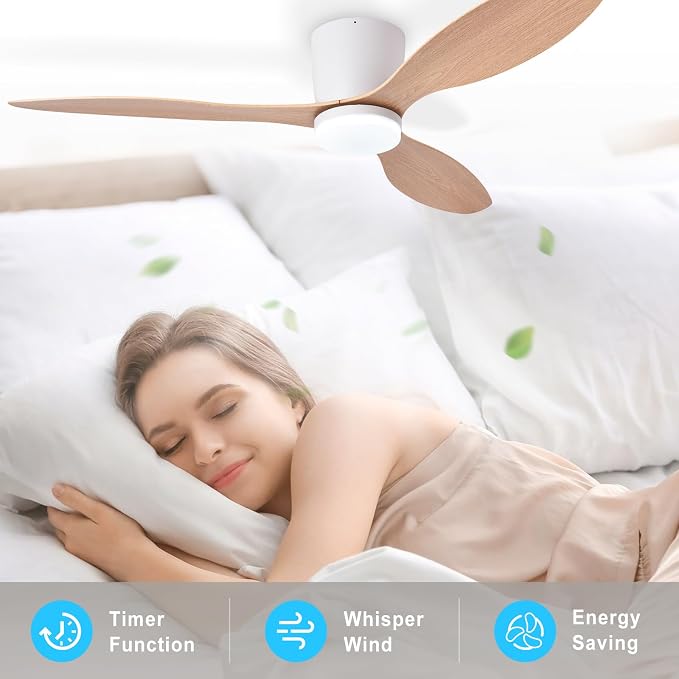 Depuley Flush Mount Ceiling Fan: 52-Inch White Ceiling Fans with Lights for Bedroom Indoor Outdoor - Low Profile Ceiling Fans with Remote Control 24W 3CCT Dimmable 3 Reversible Wood Blades 6 Speeds