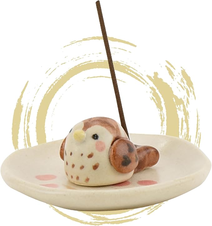 Hasegawa Fortune Sparrow Ceramic Incense Holder: Handcrafted Round Sparrow Design with Unique Expressions, Symbol of Luck - Height 0.79 inches, Plate Diameter 2.76 inches