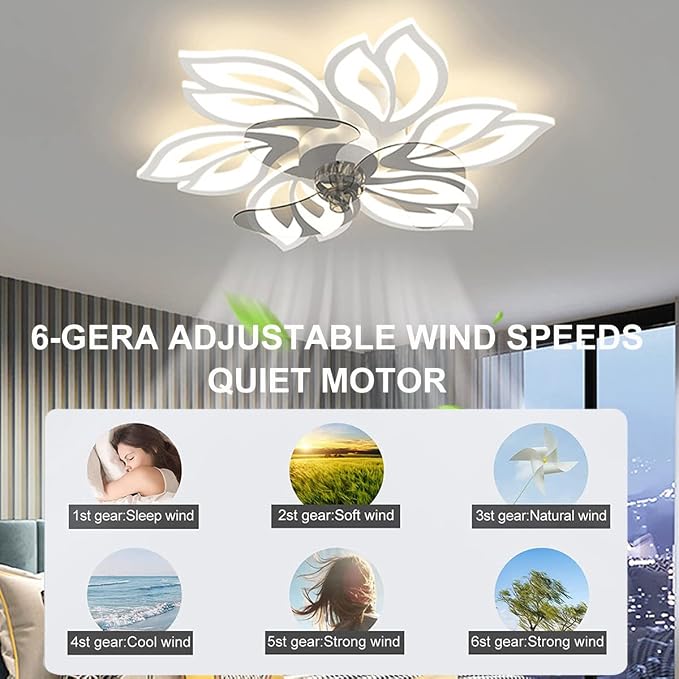 25.6" Bladeless Ceiling Fan with Lights Remote Control, Modern Low Profile Ceiling Fans with Lights Flush Mount, Dimmable 3 Color 6 Speeds LED Fan Lamp Indoor for Bedroom, Living Room -White