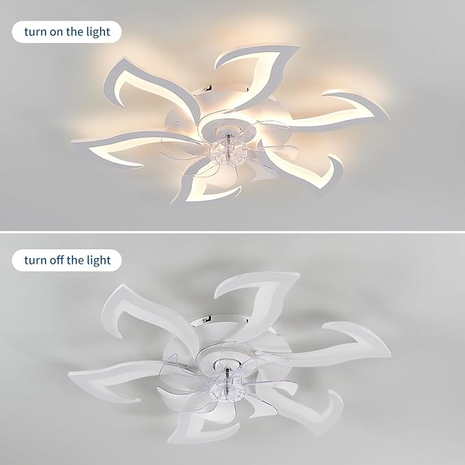 White Flower Modern CeilingFans with Lights, Low Profile Ceiling Fan with Remote for bedroom, 32inch Flush Mount Ceiling Fan with LED Dimmable Light,3-Colors, 6-Speeds, Timing Ceiling Fan Light
