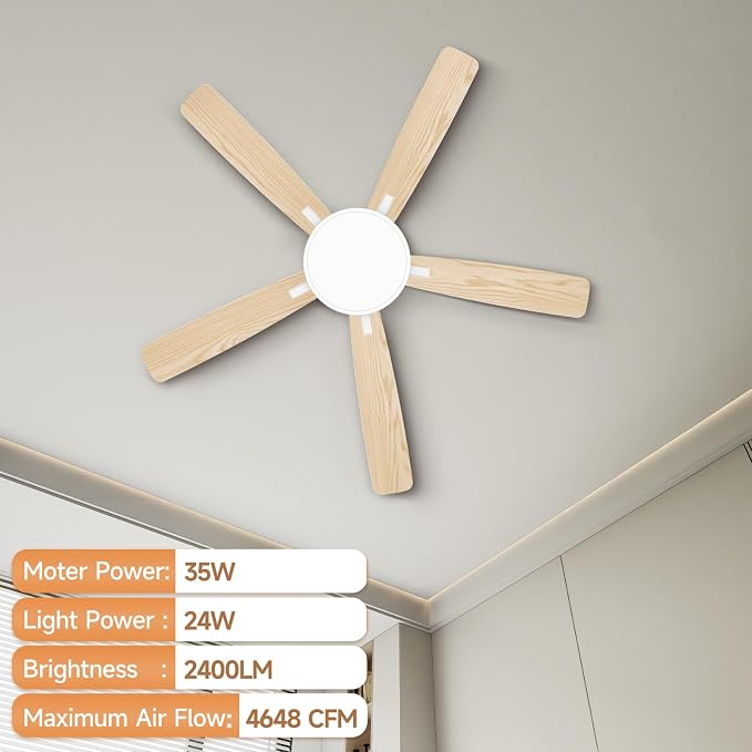 Ceiling Fans with Lights,52 inch,Quiet,Reversible Motor,Dimmable, Adjustable Color Temperature,6 Speeds,Timer, Low Profile Ceiling Fan for Bedroom,Living Room,Indoor/Outdoor Use(White)