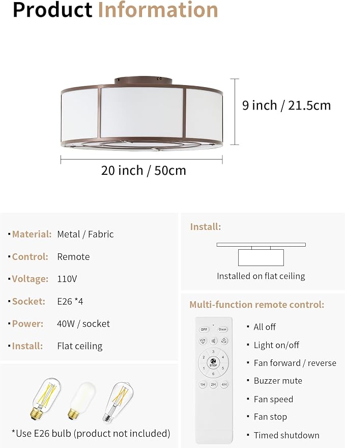 hummingbird 20inch Low Profile Caged Ceiling Fans with Lights, Flush Mount Ceiling Fan with Lights and Remote, Bladeless Modern Enclosed with 6 Speeds for Bedroom, Kitchen, Brown