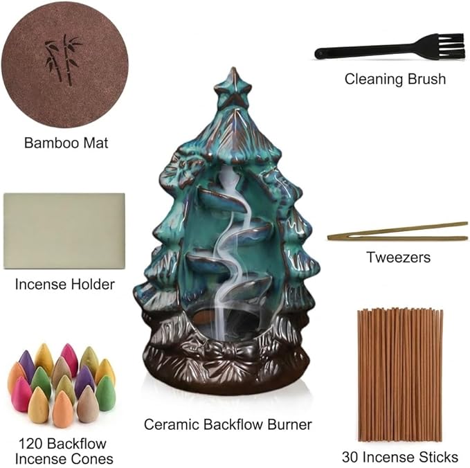 CASAFOYER Backflow Incense Holder Ceramic Waterfall Burner Set (120 Backflow Incense Cones, 30 Incense Sticks) | Complete Aromatherapy Set | Home Decor | Housewarming Gifts (Christmas Tree)