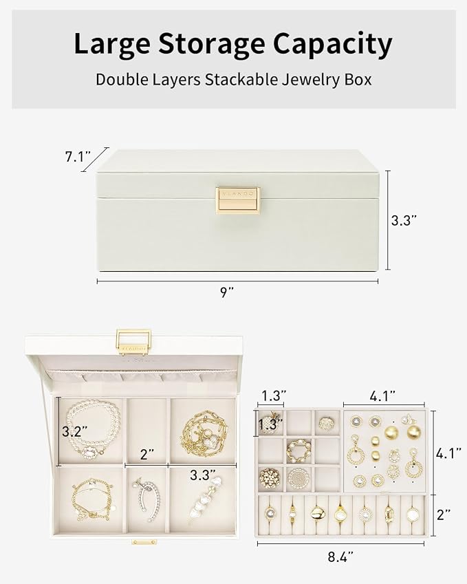 VLANDO Jewelry Box for Women, Gift for Women Girls,2 Layer Jewelry Box,Large Jewelry Organizer for Women Removable Jewelery Tray for Necklace Earrings Rings(Cream White) | Flexible Compartments, Separate Sections for Rings and Larger Pieces, Easy Every...