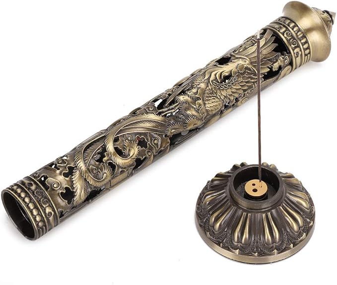 Incense Tower Holder,Portable Bronze Dragon Phoenix Relief Retro Nostalgia Vertical Stick Incense Holder With Craft Storage Box Ash Catcher Sticks Incense Holder For Home