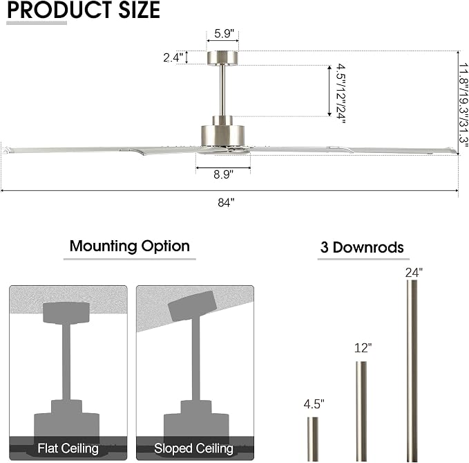 WINGBO Industrial Ceiling Fan No Light 84", 9 Aluminum Blades, 6 Speed Remote Control, Reversible DC Motor, for Home and Commercial Use, Living Room/Shop/Warehouse Nickel
