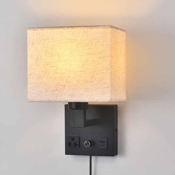 Bedside Wall Lamp for Bedroom, Plug in Wall Sconce - Dimmable Switch with AC Outlet & USB Charging Port, Fabric Shade, Black Wall Mounted Light for Living Room, Hotel