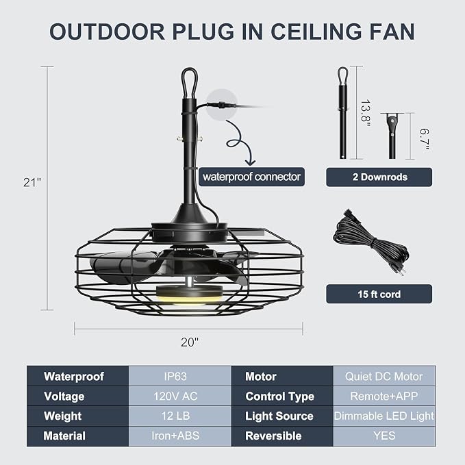Coolbull 20'' Black Outdoor Ceiling Fans with Light for Gazebos, Patios | IP63 Waterproof, Plug and Play, Remote/APP Control, 3 CCT Dimmable, Enclosed Caged Fan with Hanging Hook