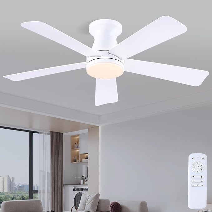 46"Modern White Low Profile Flush Mount Ceiling Fans with Light and Remote | Flush Mount ,Super Large Airflow with 6 Wind Speeds, Reversible, Dimmable 3 CCT LED Light, Quiet 30W DC Motor,2H Timer