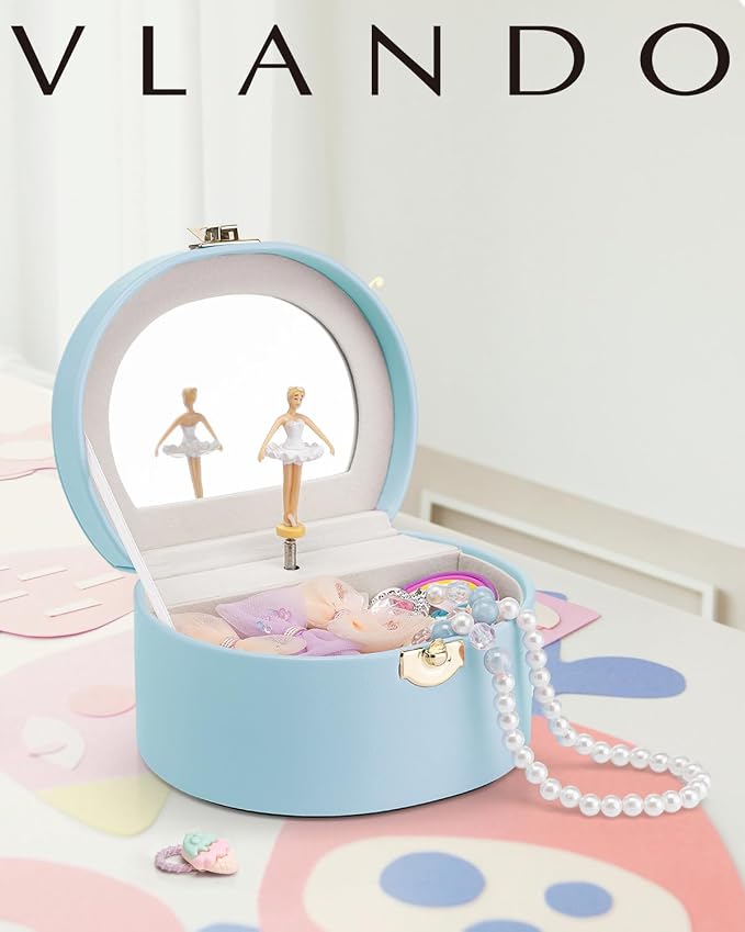 VLANDO Bithday Gift for Girl - Musical Jewelry Box for Girls, Small Kid Music Box with Ballerina for Party Bedroom Decor, Gifts for Girls Kids - Blue