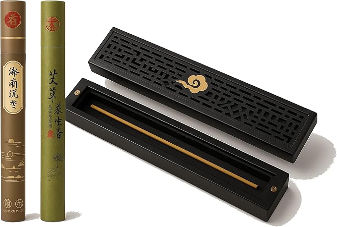 Seedlink Chinese Incense Holder for Sticks with Ash Catcher - Wooden Incense Burner Box with Storage, Ceramic Lined, Anti-Ash, for Meditation, Yoga, Home Decor (Balck - Cloud)