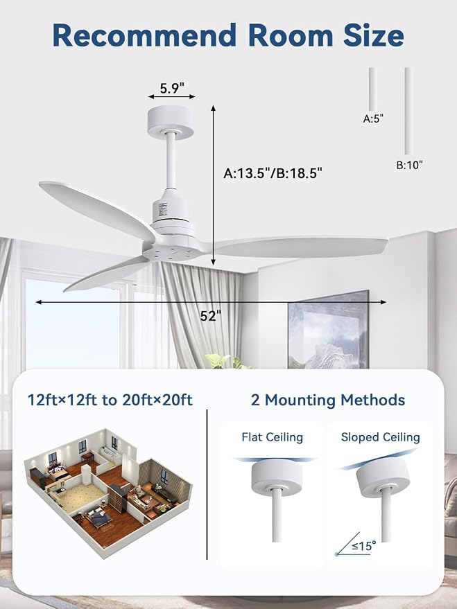 Sofucor 52 Inch White Ceiling Fans no Light, Works with App/Alexa/Google, Dimmable 6-Speed Outdoor Ceiling Fan with Remote for Indoor Bedroom Living Room Outdoor Patio Porch