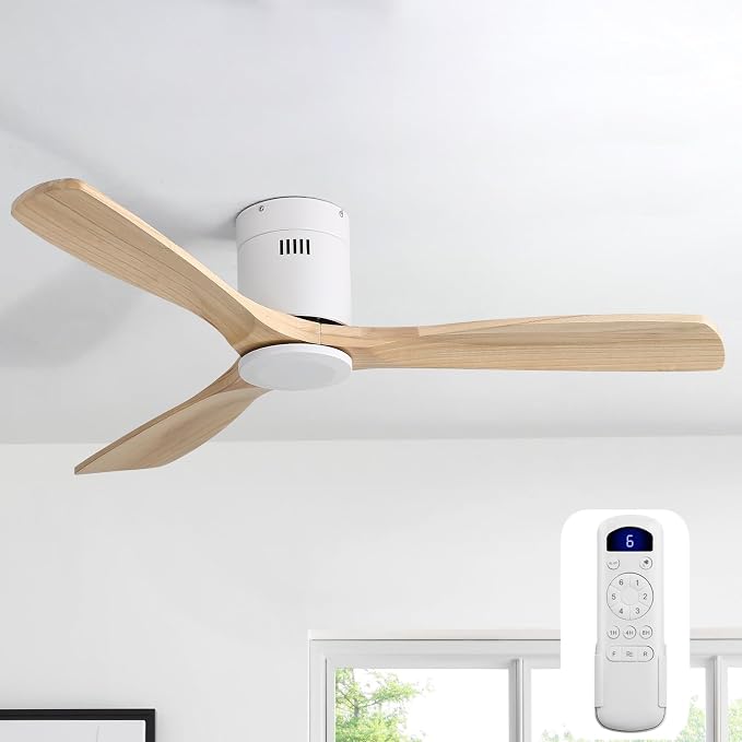 Sofucor 52 Inch Solid Wood Ceiling Fan Without Lights Flush Mount Ceiling Fans with Remote Control-Wood Blades Modern Outdoor Ceiling Fan No Light for Bedroom/Living Room/Patio/Indoor,Natural Wood