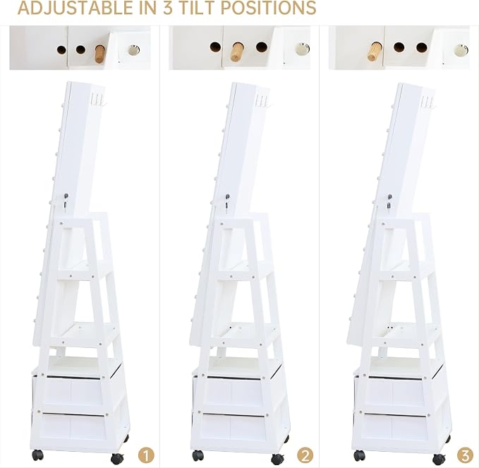 Jewelry Armoire Cabinet Organizer Standing with 20 LED Lights Lockable Full Length Mirror with Storage Shelves and 2 Drawers (White) Adjustable Tilt Angles Gift for Her