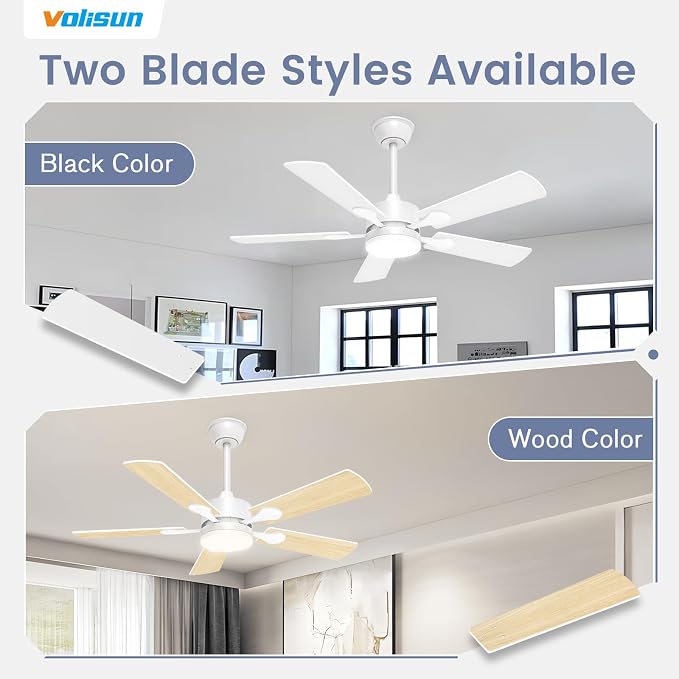 VOLISUN Ceiling Fan with Light, 42 inch Flush Mount Ceiling Fan with Lights and Remote, Dimmable LED Fan Light, Low Profile Ceiling Fan, White Modern Ceiling Fan for Bedroom, Indoor/Outdoor