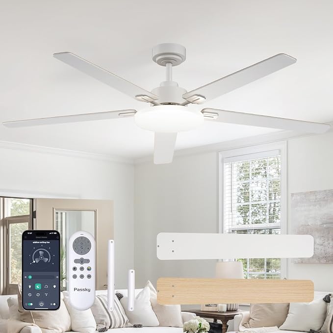 Passky Ceiling Fans with Lights, 60 inch Sleek Ceiling Fan with Light and Remote Control, 3CCT, Dimmable, Reversible, Noiseless, White Ceiling Fan for Bedroom, Living Room