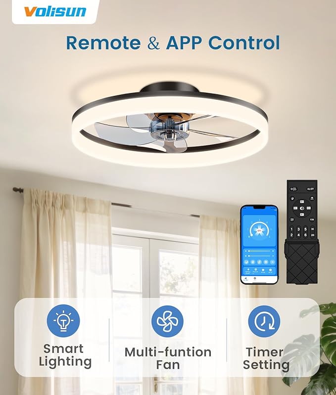 VOLISUN Low Profile Ceiling Fans with Lights and Remote, 20in Fandelier Ceiling Fan Flush Mount, 3000K-6500K Smart Bladeless LED Fan Light, Black Modern Ceiling Fans with Lights for Bedroom
