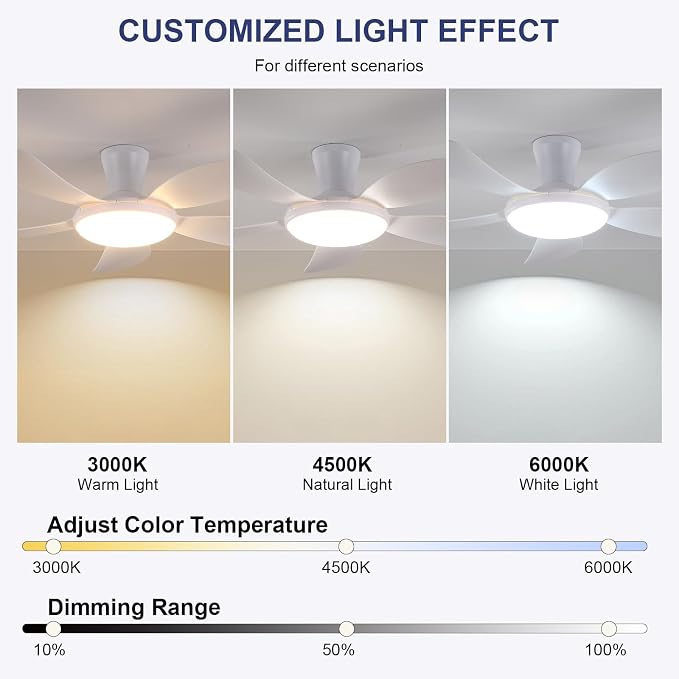 PHORUS 48"Black Low Profile Flush Mount Ceiling Fans with Lights and Remote | Supports Remote and APP, 6 Wind Speeds, Reversible, Dimmable 3 CCT LED, 30WNoiseless DC Motor,Timer, for Bedroom Kitchen