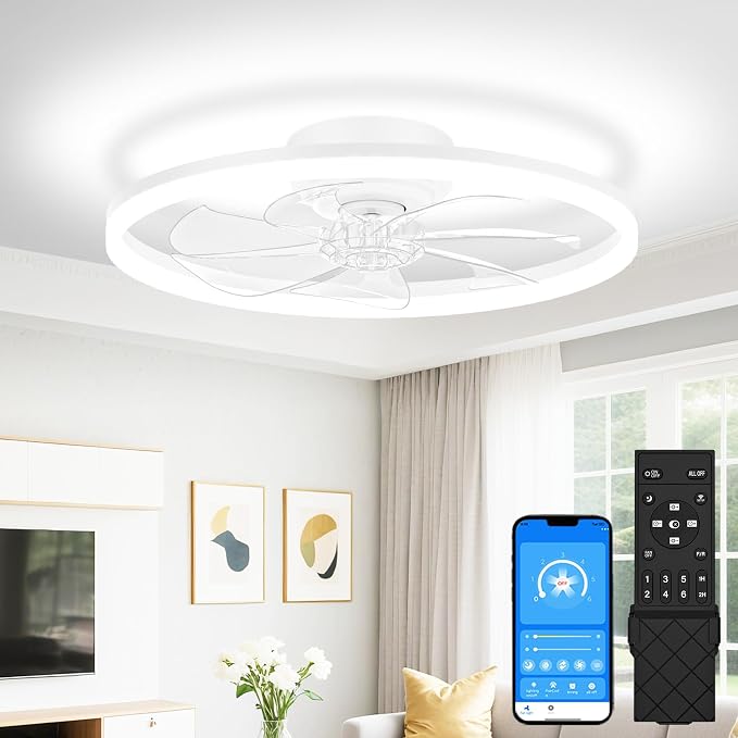 VOLISUN Low Profile Ceiling Fans with Light and Remote, No Assembly, 20in Fandelier Ceiling Fan with Lights, 3000K-6500K Dimmable Flush Mount LED Fan Light, White Bladeless Ceiling Fans for Bedroom