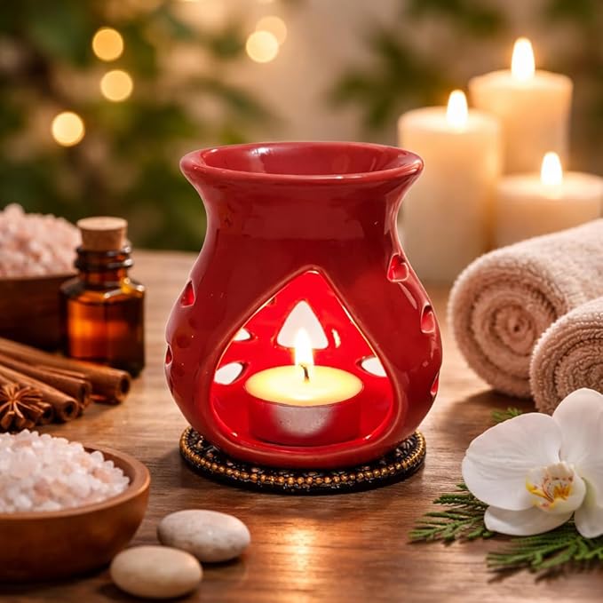 Ceramic Essential Oil Burner Wax Melt Burners |Aromatherapy| Ceramic Oil Diffuser| Candle Tealight Holder (Set of 1) Home Bedroom Decor Christmas Housewarming Gift, Red