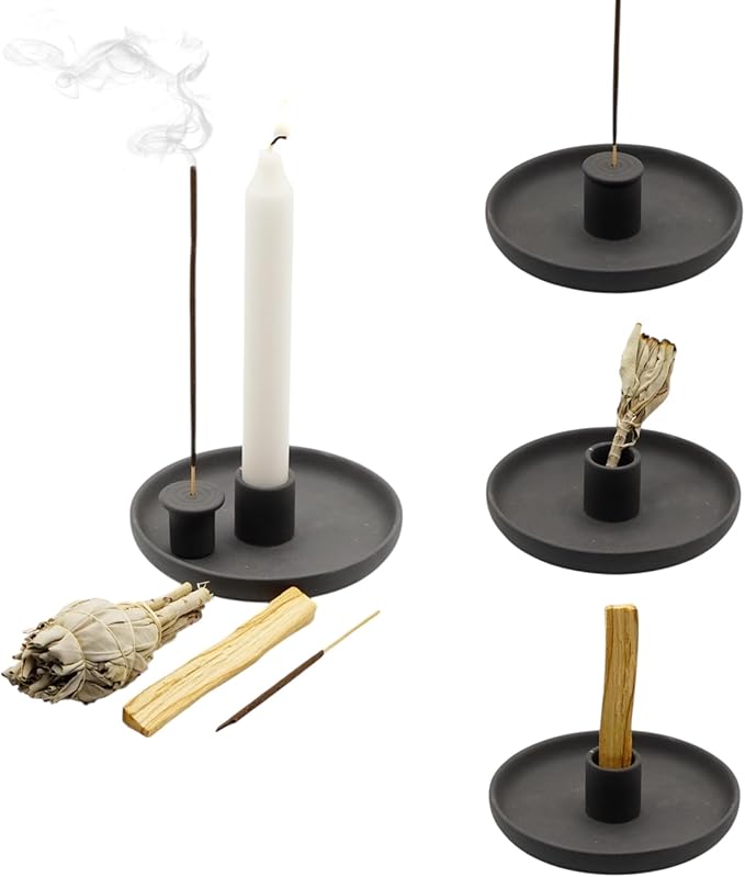 4 in 1 Incense Burner Holder - Multi-Purpose Ceramic Incense Stick Holder, Palo Santo Holder for Clean Burning, Sage Meditation Burner Set, Candle Holder for Aromatherapy (Matte Charcoal Black)