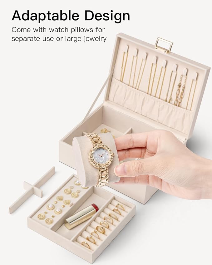 VLANDO 2 Layer Jewelry Boxes Large Jewelry Organizer for Women Removable Jewelery Tray for Watch Necklace Earrings Rings Bracelets Mothers Gifts Mom Gifts(Apricot White)