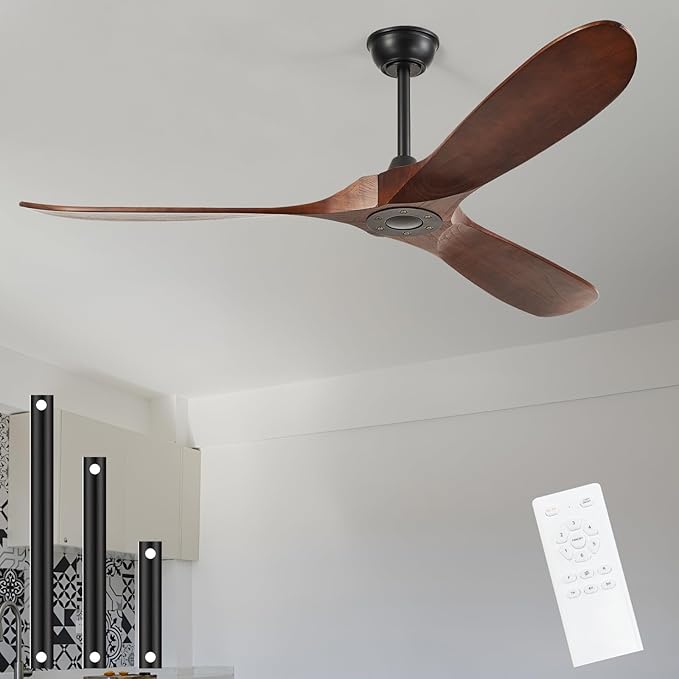 60'' Outdoor Ceiling Fans without Light,3 Solid Wood Blades with DC Silent and Large Airflow,Modern Ceiling Fan for Bedroom,Living Room,Porch (dark walnut)
