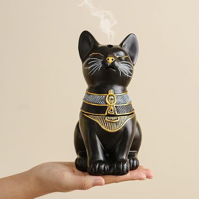 Egyptian Cat Statue Incense Burner, Vintage Resin Meditating Cat Incense Cone Holder, Home Office Aromatherapy Decor for Zen Yoga Spa (Black)